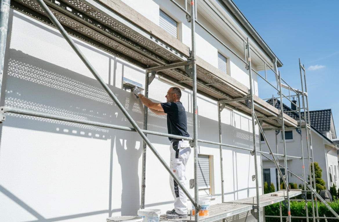 Ein erfahrener Malermeister verputzt die weiße Hausfassade von einem Gerüst aus, um ein perfektes Ergebnis zu erzielen.