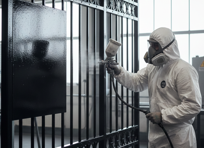 Ein Maler in Schutzkleidung sprüht mit einer Lackierpistole eine schwarze Metalltür oder ein Gitter, wobei die Farbe eine strukturierte Oberfläche bildet.