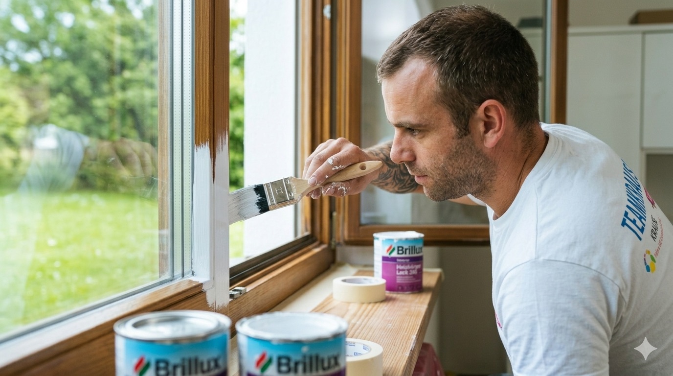 Ein Mitarbeiter von Malermeister Krause streicht einen Fensterrahmen weiß. Er arbeitet konzentriert mit einem Pinsel und Brillux-Farbe.
