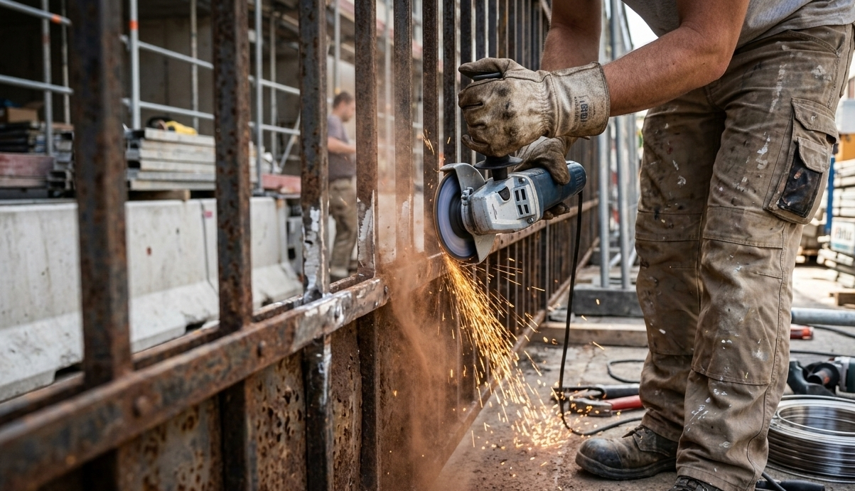 Ein Handwerker entfernt Rost von einem Metallzaun mit einem Winkelschleifer, um die Oberfläche für eine neue Beschichtung vorzubereiten.