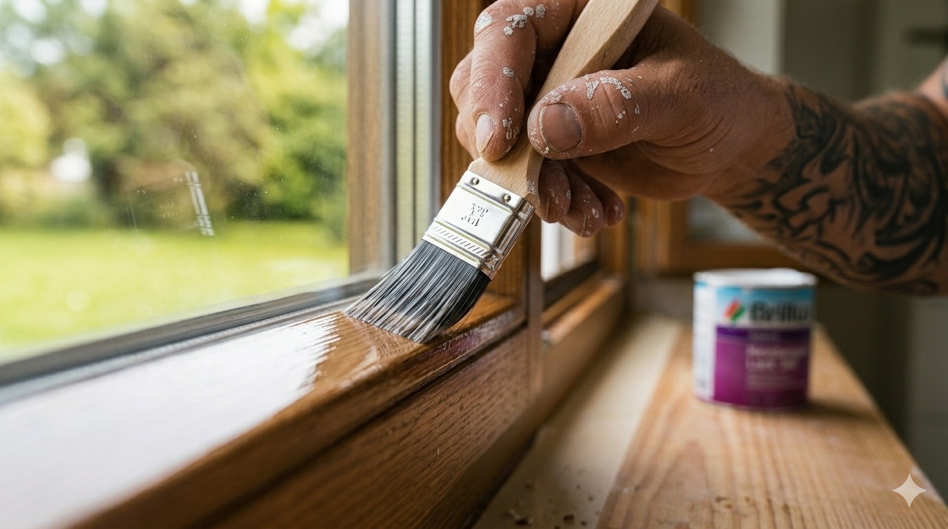 Ein erfahrener Maler streicht einen Holzfensterrahmen mit einem Pinsel und trägt eine schützende Lasur auf.