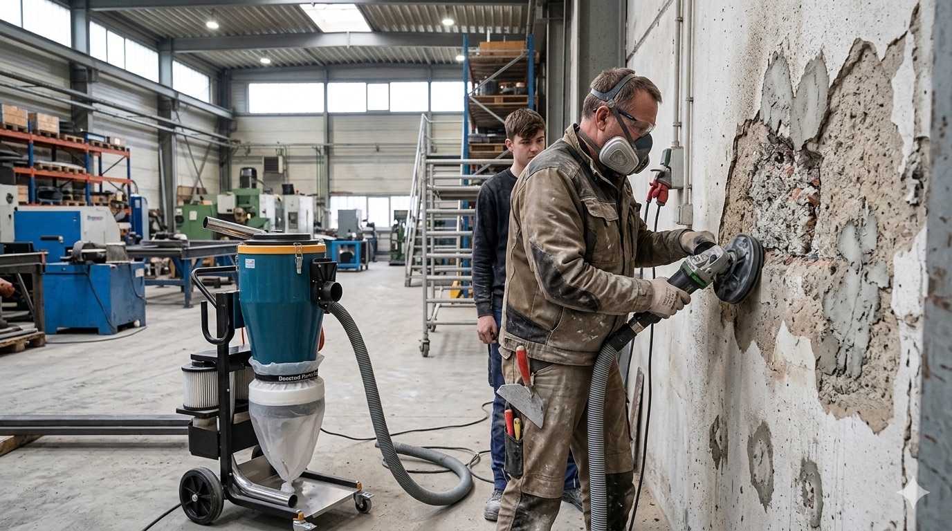Ein Handwerker schleift eine Betonwand in einer Industriehalle, während ein Lehrling zusieht und ein Staubsauger den Staub absaugt.