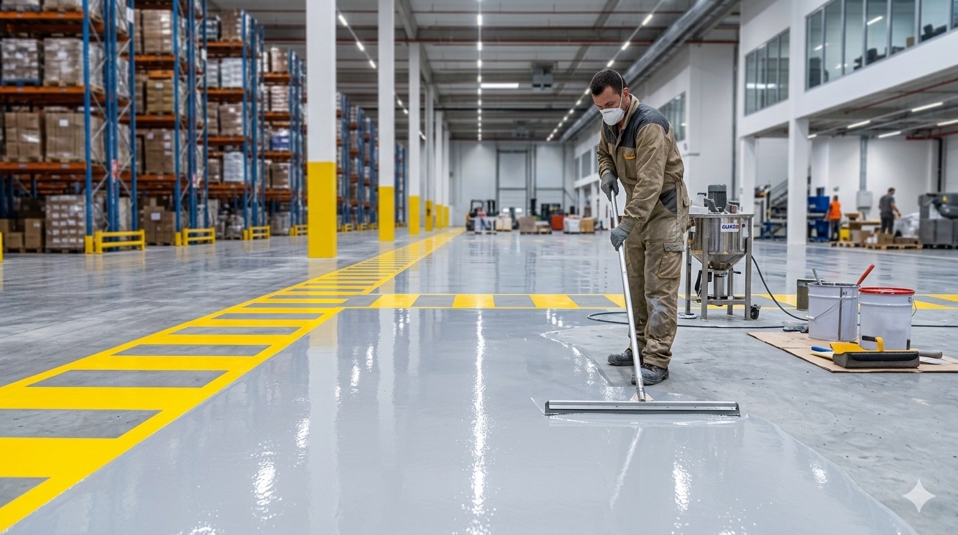 Ein Fachmann von Malermeister Krause trägt eine strapazierfähige Beschichtung auf einen Industrieboden mit gelben Sicherheitsmarkierungen auf.