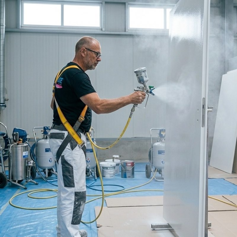 Ein erfahrener Malermeister lackiert eine weiße Tür professionell mit einer Spritzpistole in einer Werkstatt.