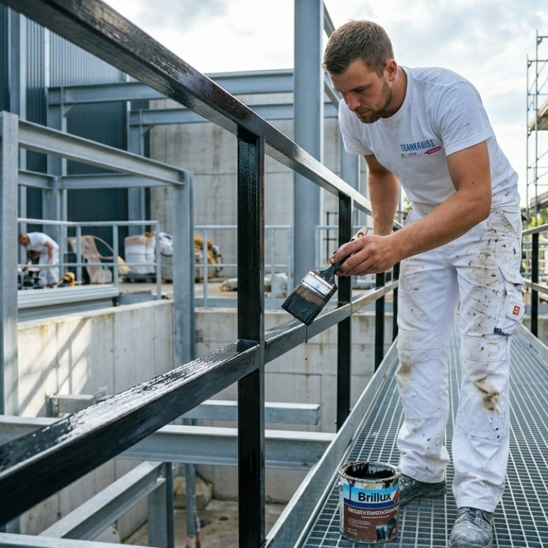 Ein Maler von Malermeister Krause streicht ein schwarzes Metallgeländer auf einer Industrieanlage mit einem Pinsel.