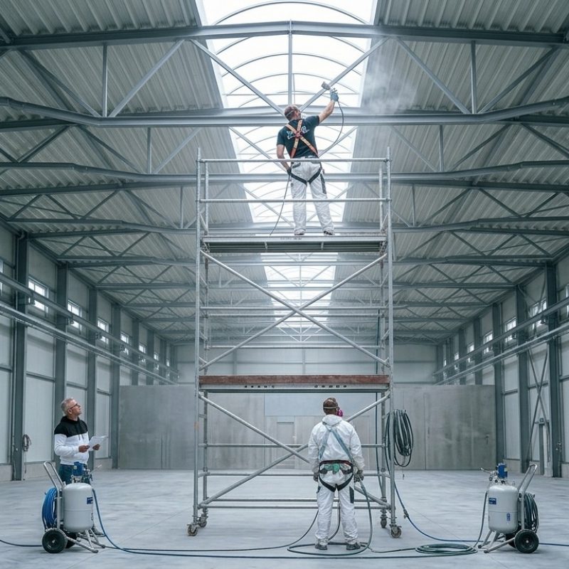 Ein Team von Malern führt professionelle Industrielackierungen in einer großen Halle mit Spritzgeräten und Gerüst durch.